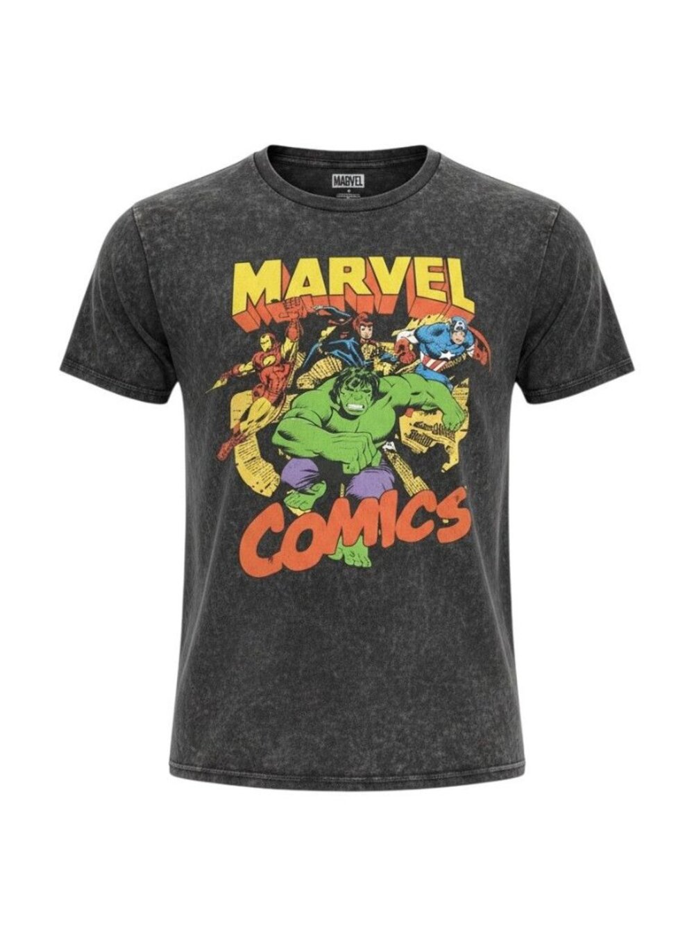 Marvel Comics Women's Black Acid Wash Superhero Graphic T-Shirt Large